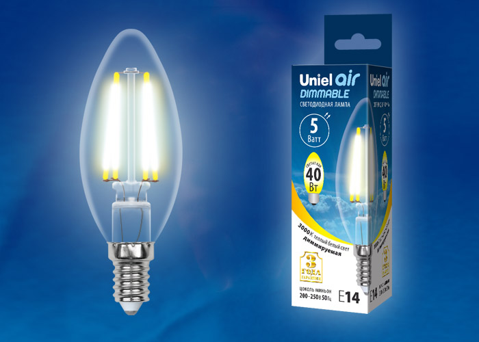 Лампа светодиодная диммируемая форма свеча UL-00002860 LED-C35-5W/WW/E14/CL/DIM GLA01TR